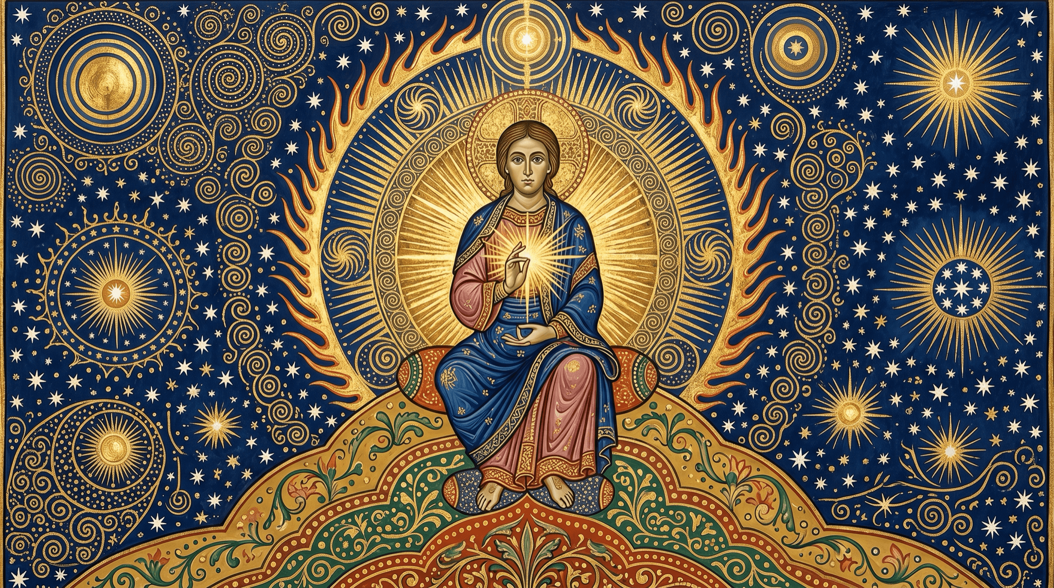 Verlucht kunstwerk van een figuur in stille meditatie, omringd door gouden sterren en spiralen