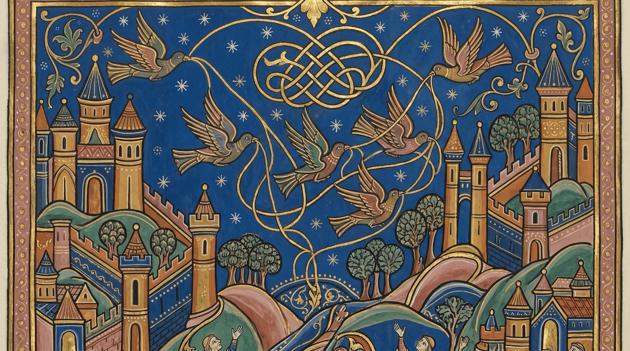 Verlucht tafereel van boodschappervogels die gouden draden tussen torens spannen