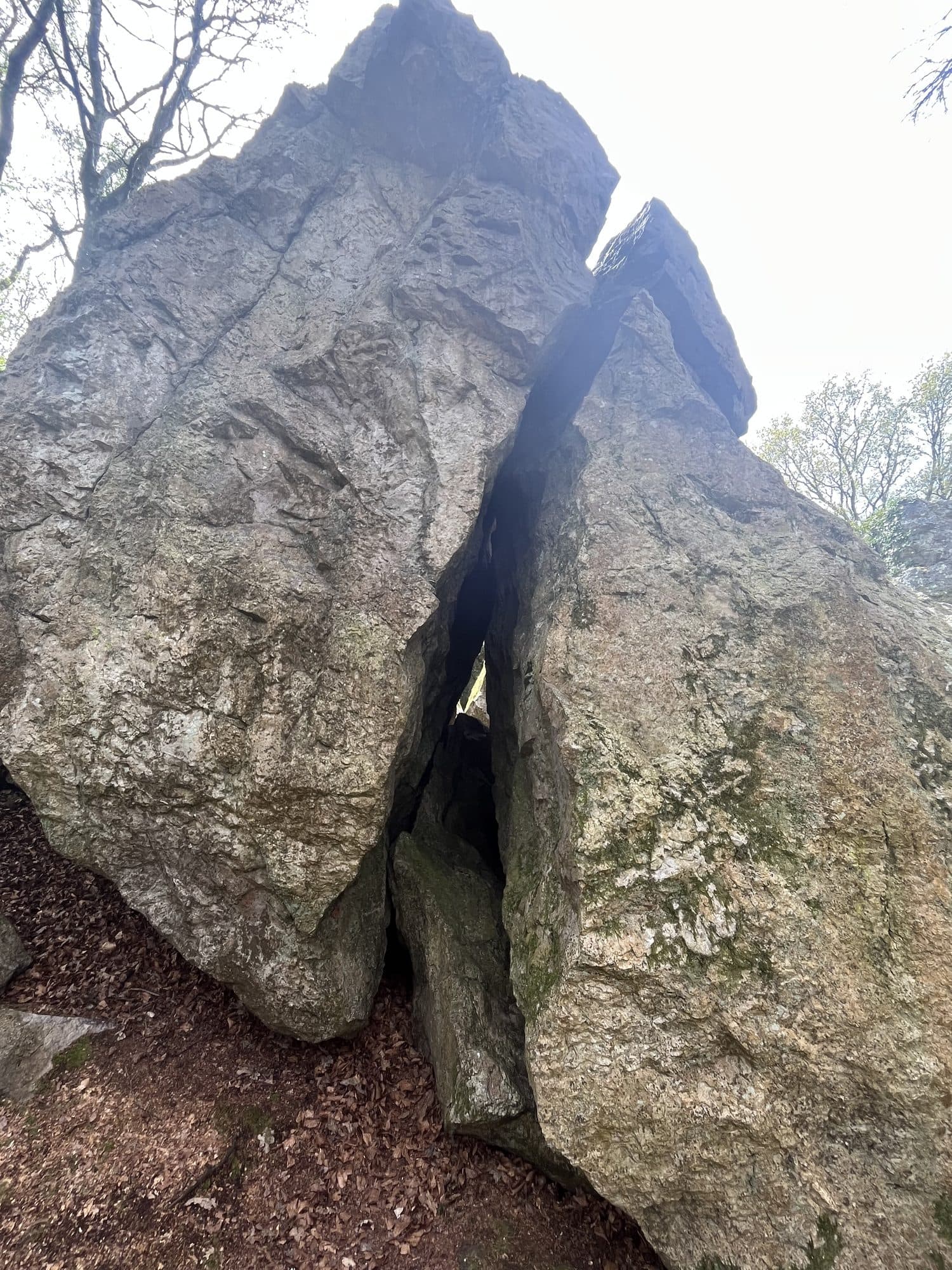 De gespleten rots in het Bois des Roques bij Le Rozel